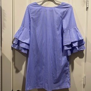 Zara blue and white striped dress with ruffled sleeves.